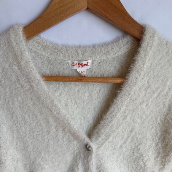 Cat and Jack Fuzzy Sparkle Cardigan Sweater Cream Youth 7/8 faux gem buttons - Picture 5 of 13